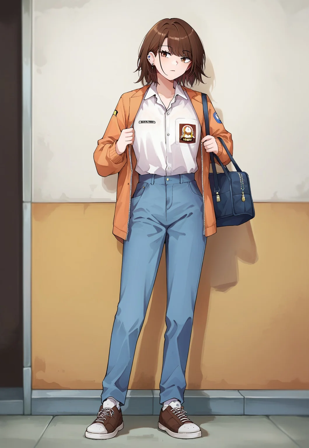 score_9, score_8, score_7, source_anime, ihsu, piercing, medium hair, long sleeves, shoes, brown hair, ear piercing, open clothes, bag, full body, brown eyes