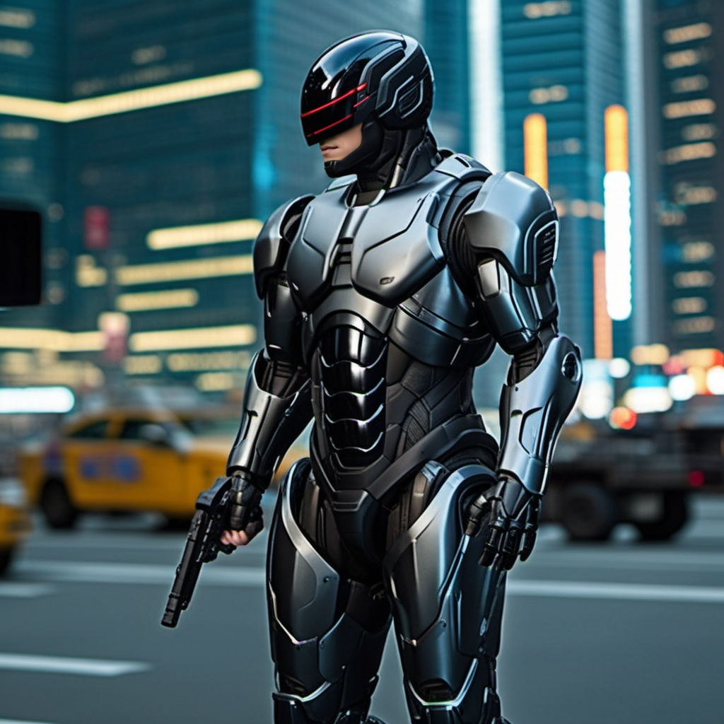 Robocop2014, a black armored robot, full body, cyberpunk city background, highly detailed,  photography, ultra sharp, film, professional, 64k <lora:add-detail-xl:1.5>  <lora:Robocop2014-1024-000325:0.6>