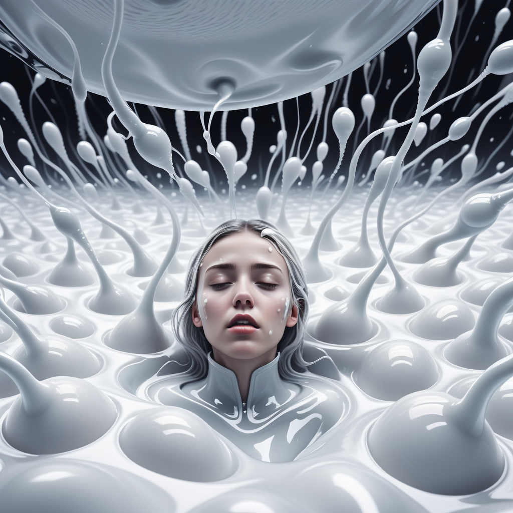 girl immersed in white liquid in a surreal world surrounded by sperm spermazoid  <lora:gametes :1>