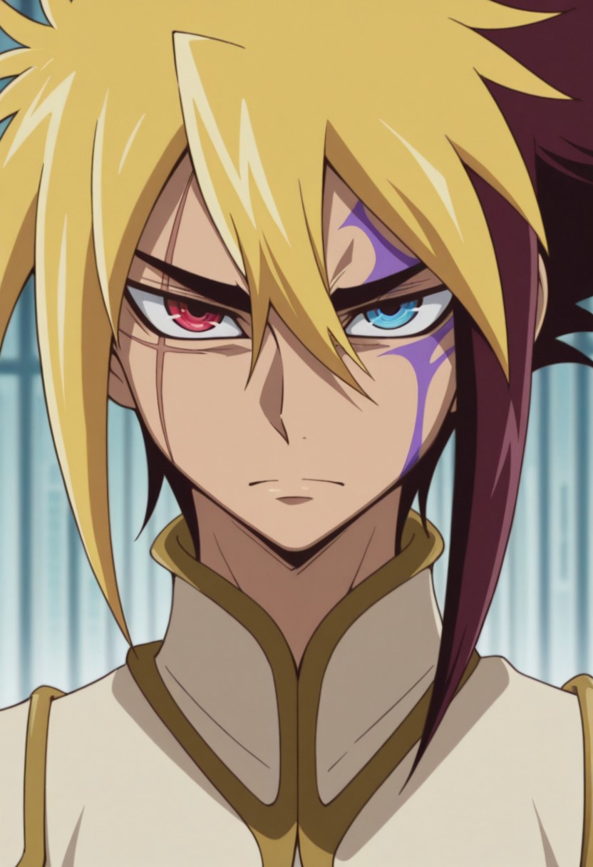 masterpiece,best quality,amazing quality, source_anime, 
Thomrclight, 1boy, male focus, solo, heterochromia, red eyes, blue eyes, scar across eye, purple facial tattoo, multicolored hair, brown hair, blonde hair,  coat, brown coat, portrait,