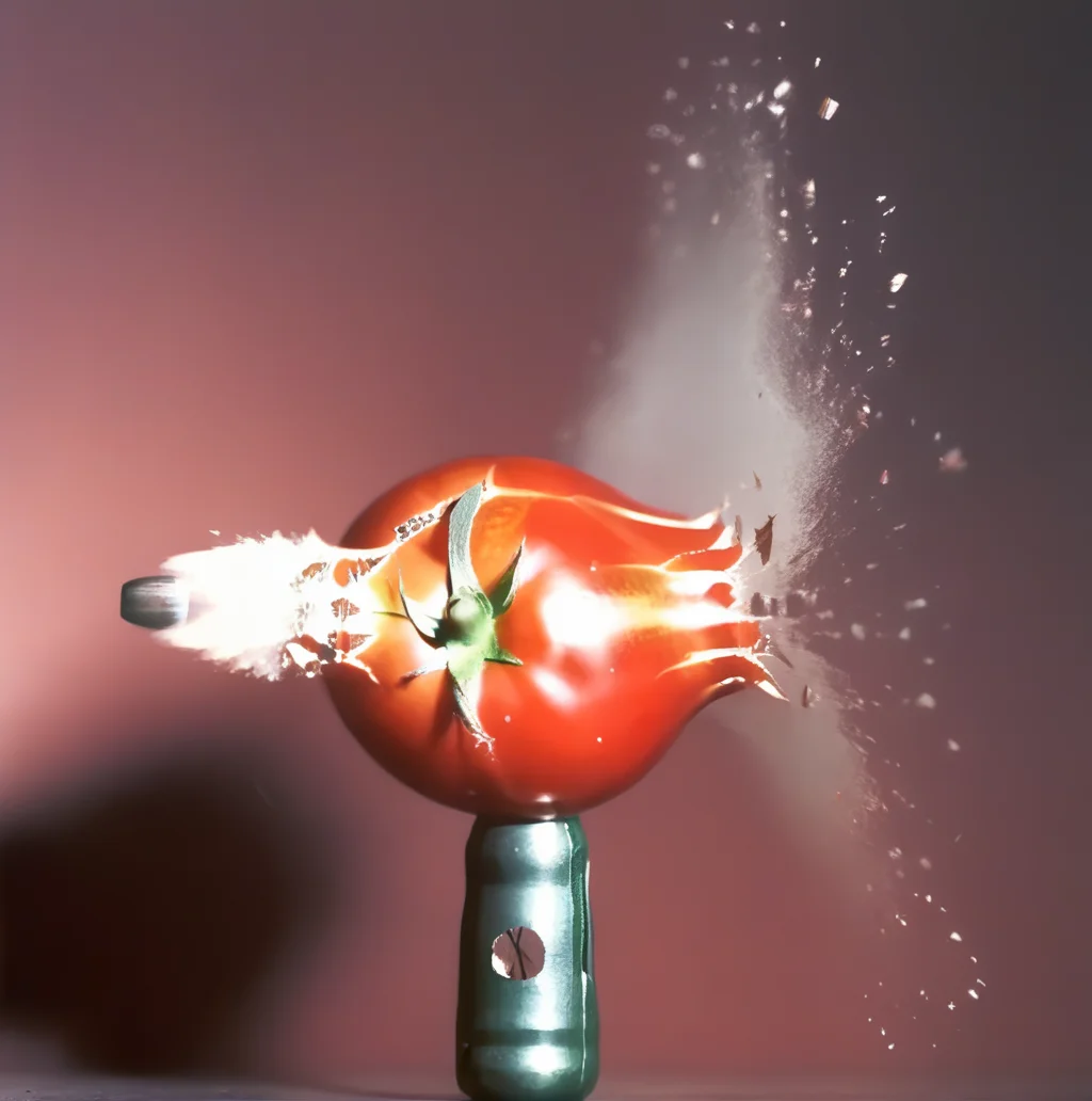 motioshot a bullet from a gun bursts a tomatol high-speed photography, cinematic, darkness <lora:motioshot:1>
