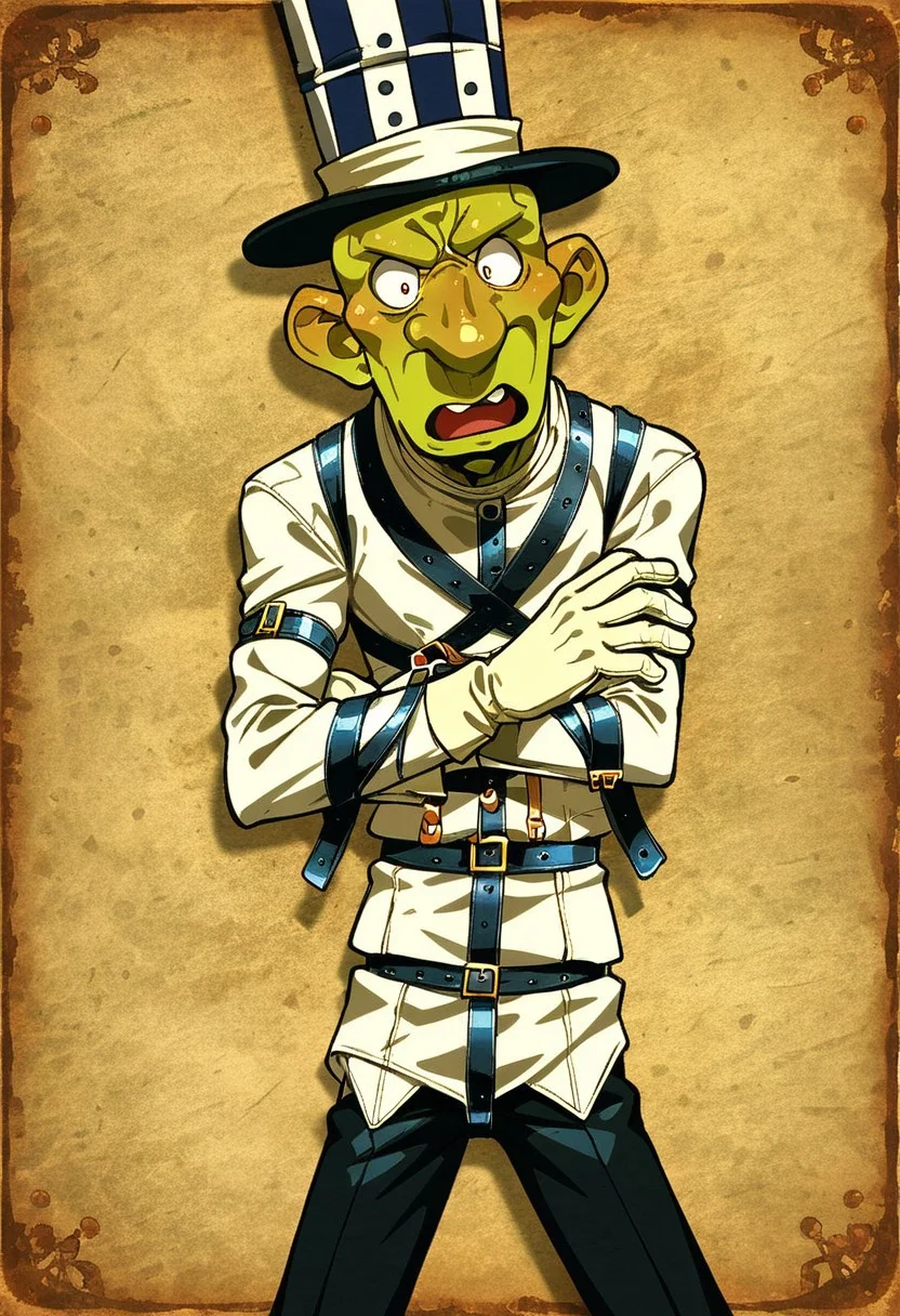 SCORE_9, SOURCE_ANIME, PORTRAIT, MAD HATTER, TOP HAT, 1BOY, GREEN SKIN, STRAITJACKET, GLOVES, PANTS
