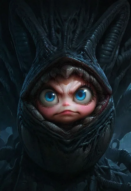 extremely cute xenomorph holding black xenoegg, caric art, caricature, beautiful, adorable, 8k, detailed, intricate details