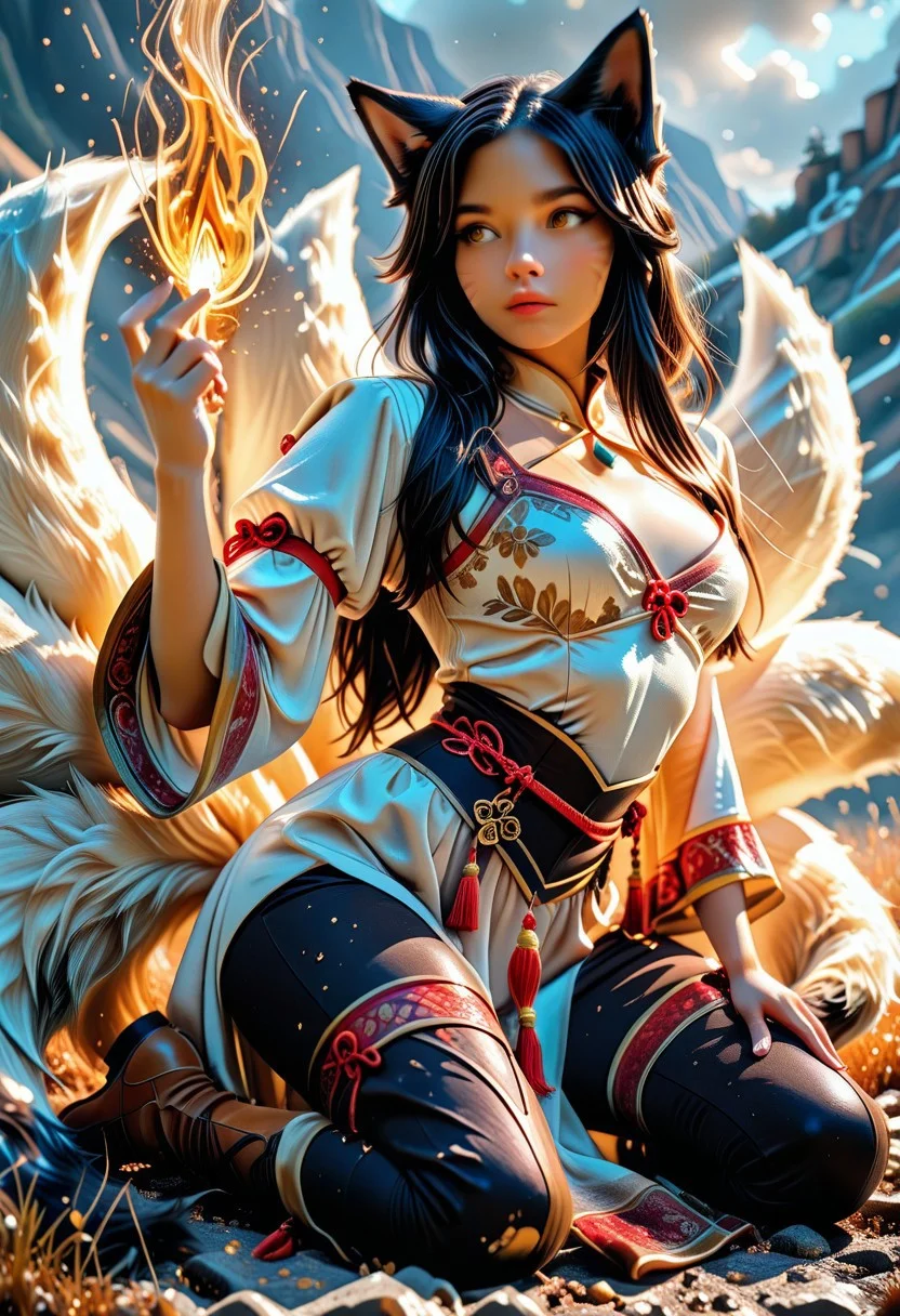 Semi real, ahri ,beautiful face, perfect hands,cute , seethru clothes,sheer fabrics,breasts visible, battlefield, war mode, battle stance