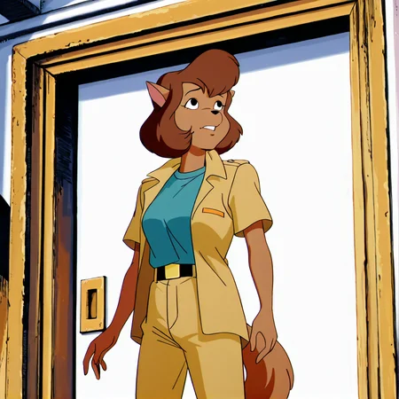 (masterpiece), (best quality), (ultra-detailed), amazing quality, very aesthetic, illustration, perfect composition, intricate details, absurdres, incredibly absurdres,
<lora:Abby_Sinian_illustrious:1>, abbysinian, 1girl, solo, closed mouth, shirt, animal ears, standing, jacket, tail, short sleeves, open clothes, teeth, belt, pants, black eyes, open jacket, looking up, blue shirt, furry, retro artstyle, shirt tucked in, brown pants, yellow pants, brown fur, body fur, furry female, brown hair, short hair, cat ears, cat girl