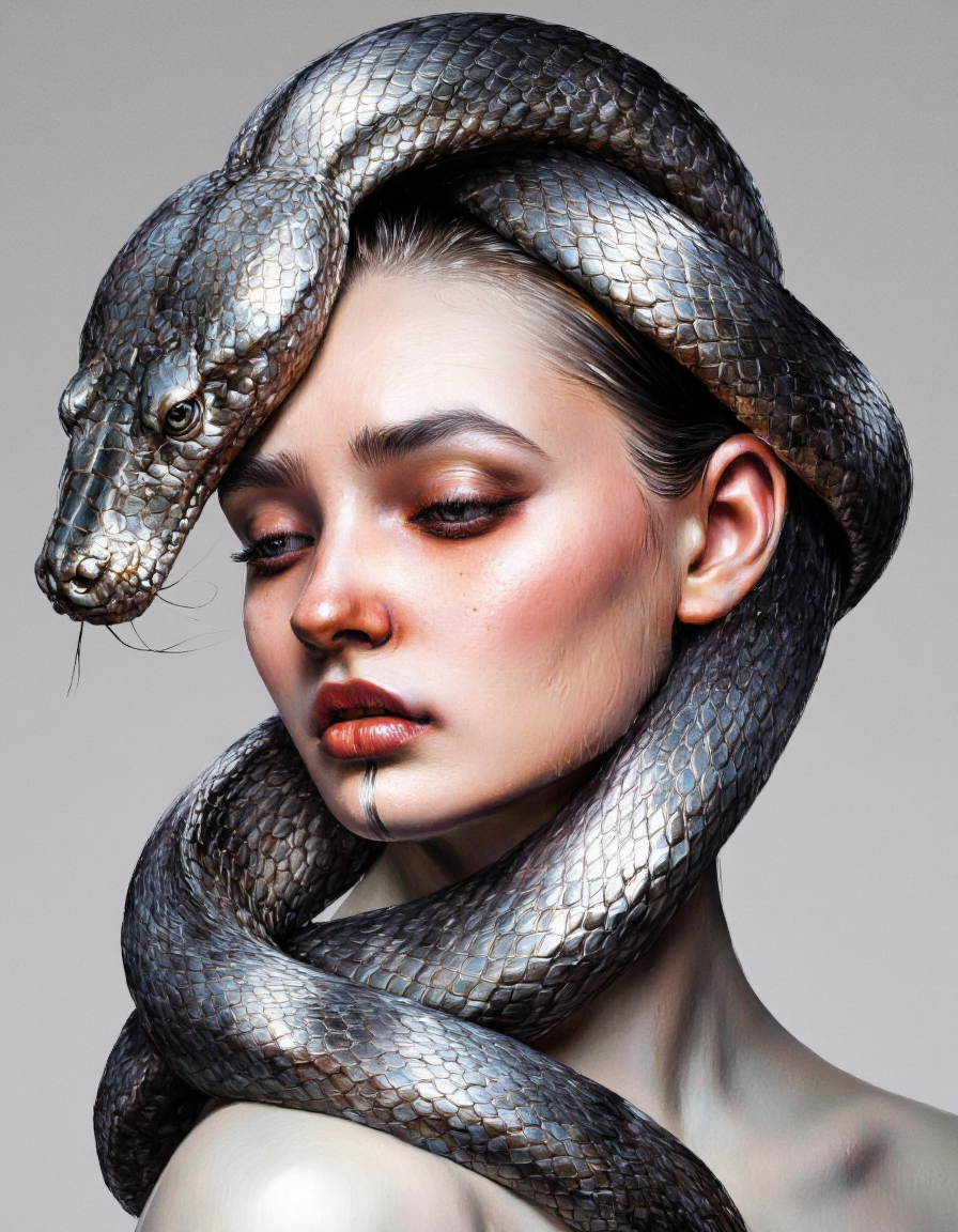 By Laura H. Rubin. A high-resolution, highly stylized photograph of a woman with a striking, surreal composition. The woman's face is centrally positioned, with her eyes closed and lips parted, showcasing a bold red lipstick that contrasts vividly with her pale, flawless skin. Her skin has a smooth, almost porcelain-like texture, with a slight sheen that highlights her high cheekbones and elegant jawline. She is adorned with a large, coiled snake that wraps around her head, neck, and shoulders. The snake's scales are metallic silver, reflecting light and adding a shimmering, almost ethereal quality to the image. The snake's head rests on her forehead, with its eyes closed, mirroring her own. The background is a neutral, gradient gray, which helps to emphasize the woman's face and the snake's metallic sheen. The overall aesthetic is modern and dramatic, blending elements of high fashion and art photography. The lighting is soft and even, creating a dreamy, almost otherworldly atmosphere. The photograph captures a sense of elegance, mystery, and sophistication, with a focus on texture and detail. <lora:Laura_H._Rubin_II:0.8>