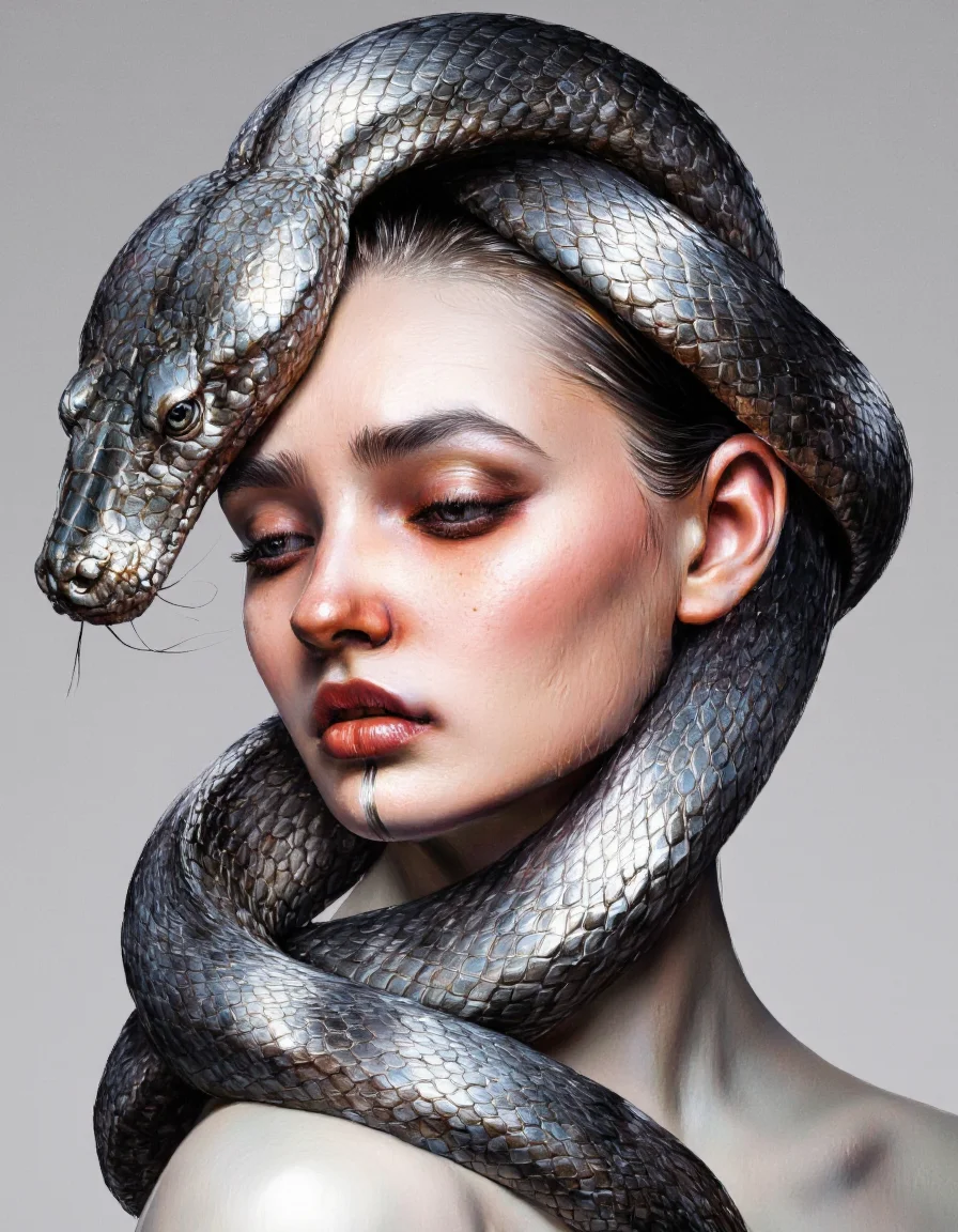 By Laura H. Rubin. A high-resolution, highly stylized photograph of a woman with a striking, surreal composition. The woman's face is centrally positioned, with her eyes closed and lips parted, showcasing a bold red lipstick that contrasts vividly with her pale, flawless skin. Her skin has a smooth, almost porcelain-like texture, with a slight sheen that highlights her high cheekbones and elegant jawline. She is adorned with a large, coiled snake that wraps around her head, neck, and shoulders. The snake's scales are metallic silver, reflecting light and adding a shimmering, almost ethereal quality to the image. The snake's head rests on her forehead, with its eyes closed, mirroring her own. The background is a neutral, gradient gray, which helps to emphasize the woman's face and the snake's metallic sheen. The overall aesthetic is modern and dramatic, blending elements of high fashion and art photography. The lighting is soft and even, creating a dreamy, almost otherworldly atmosphere. The photograph captures a sense of elegance, mystery, and sophistication, with a focus on texture and detail. <lora:Laura_H._Rubin_II:0.8>