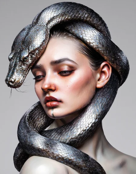 By Laura H. Rubin. A high-resolution, highly stylized photograph of a woman with a striking, surreal composition. The woman's face is centrally positioned, with her eyes closed and lips parted, showcasing a bold red lipstick that contrasts vividly with her pale, flawless skin. Her skin has a smooth, almost porcelain-like texture, with a slight sheen that highlights her high cheekbones and elegant jawline. She is adorned with a large, coiled snake that wraps around her head, neck, and shoulders. The snake's scales are metallic silver, reflecting light and adding a shimmering, almost ethereal quality to the image. The snake's head rests on her forehead, with its eyes closed, mirroring her own. The background is a neutral, gradient gray, which helps to emphasize the woman's face and the snake's metallic sheen. The overall aesthetic is modern and dramatic, blending elements of high fashion and art photography. The lighting is soft and even, creating a dreamy, almost otherworldly atmosphere. The photograph captures a sense of elegance, mystery, and sophistication, with a focus on texture and detail. <lora:Laura_H._Rubin_II:0.8>