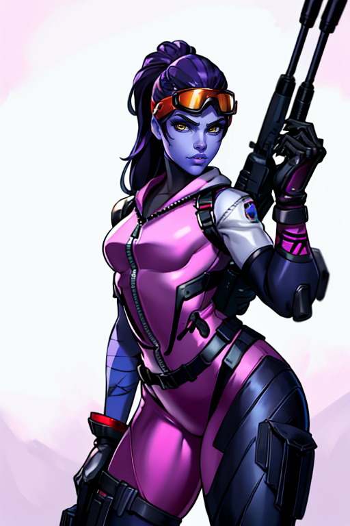 masterpiece,best quality,extreme detail,8k,image sharpness,<lora:widowmaker-10:0.8>, widow2,1girl,solo,long hair,breasts,looking at viewer,gloves,standing,yellow eyes,weapon,purple hair,cowboy shot,artist name,official alternate costume,lips,gun,bodysuit,makeup,alternate hairstyle,colored skin,watermark,goggles,web address,rifle,zipper,goggles on head,hair down,nose,blue skin,purple skin,sniper rifle,purple lips,pink bodysuit,