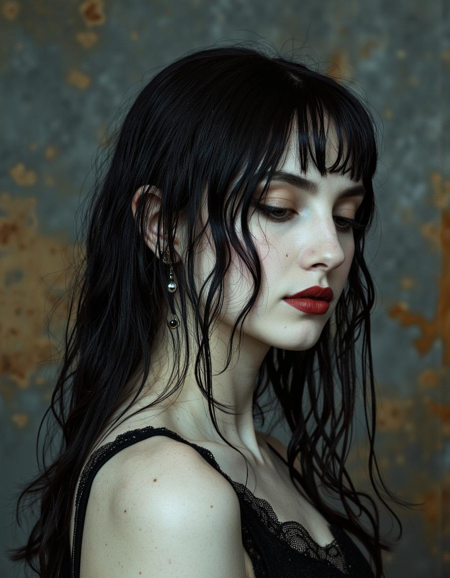 A close-up portrait of a woman with pale skin and dark, wet black hair, wearing a black lace top and earrings. the woman is positioned in the middle of the image, facing slightly to the right, with her eyes closed and her lips slightly parted, revealing a hint of red lipstick. her eyelashes are long and full, and she has a subtle mole on her cheek. the background is a textured, muted gray with hints of yellow and orange, giving the image a moody, gothic feel. the lighting is soft and diffused, highlighting the woman's features and the texture of her hair. the overall effect is one of elegance and sophistication.