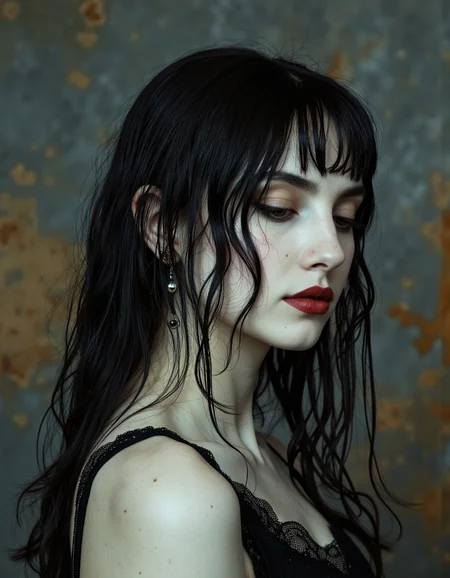 A close-up portrait of a woman with pale skin and dark, wet black hair, wearing a black lace top and earrings. the woman is positioned in the middle of the image, facing slightly to the right, with her eyes closed and her lips slightly parted, revealing a hint of red lipstick. her eyelashes are long and full, and she has a subtle mole on her cheek. the background is a textured, muted gray with hints of yellow and orange, giving the image a moody, gothic feel. the lighting is soft and diffused, highlighting the woman's features and the texture of her hair. the overall effect is one of elegance and sophistication.