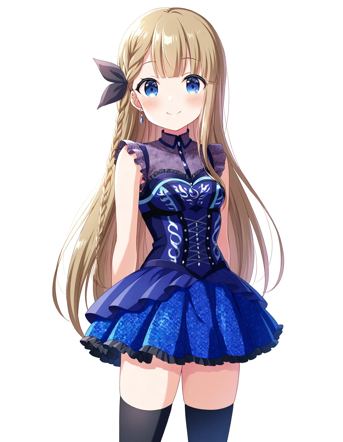 1girl, solo, cowboy shot, narumiya suzu, idoly pride, blue idol costume, black thighhighs, standing, arms behind back, looking at viewer, smile, blush, (simple background, white background:1.2), BREAK, <lora:iSuzu:0.72>,
very aesthetic, high definition, amazing quality, masterpiece, best quality, highres, absurdres, sensitive, newest, anime screenshot, screencap
