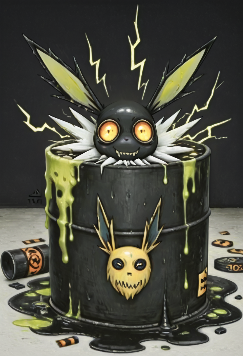 masterpiece, best quality,    <lora:NightmareDex_IXL:1.3>,   (Jolteon:1.2), (electricity:1.1), broken batteries, t0x1c, , slime (substance), still life, liquid, objectification, no humans,   <lora:ToxicBarrel_IXL:0.7>,