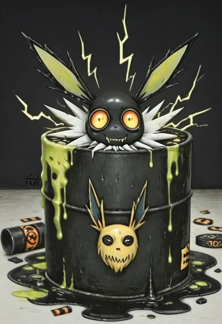 masterpiece, best quality,    <lora:NightmareDex_IXL:1.3>,   (Jolteon:1.2), (electricity:1.1), broken batteries, t0x1c, , slime (substance), still life, liquid, objectification, no humans,   <lora:ToxicBarrel_IXL:0.7>,