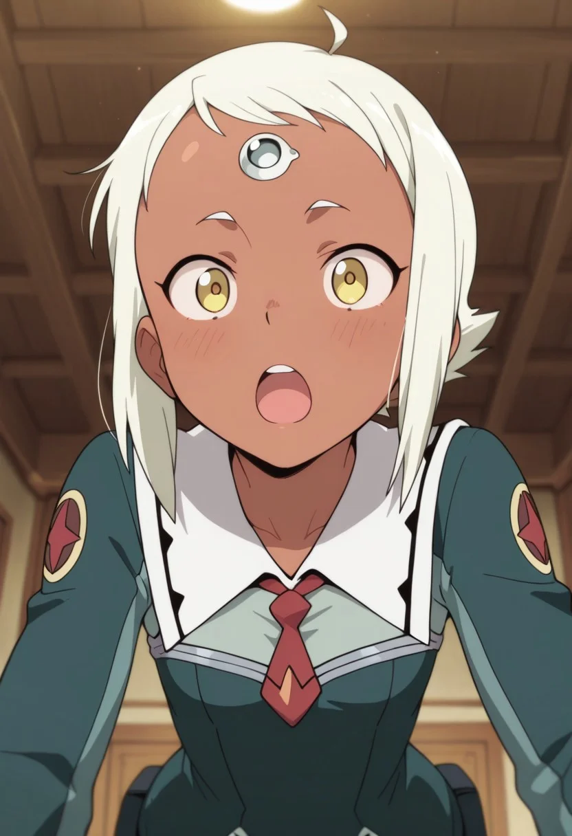 masterpiece,best quality,amazing quality, lal melk mark, short hair, white hair, yellow eyes, dark skin, dark-skinned female, 1girl, solo, ahoge, open mouth