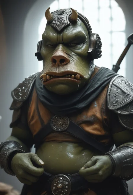 score_9, score_8_up, score_7_up, score_6_up, photo, photorealism, 1boy, Gammorean Guard, Dark green skin, armor, skin texture, moist skin, pores, saliva, dynamic lighting, detailed shadows, adobe palace, fat, dim light