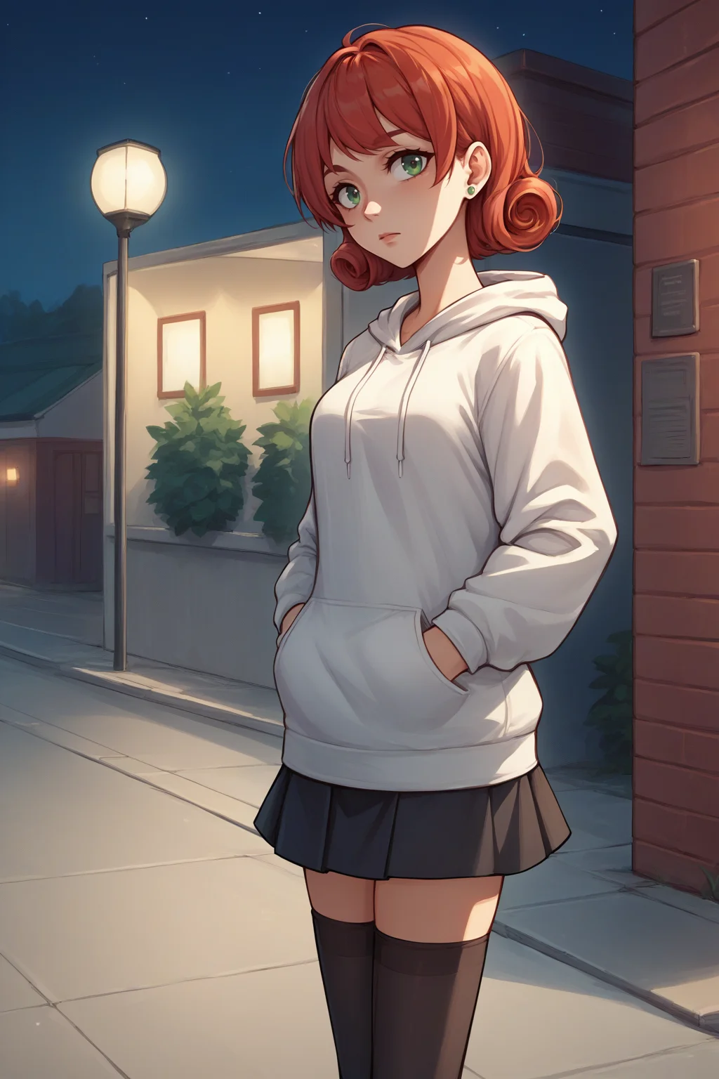 source_anime, score_9, score_8_up, 1girl <lora:NSPennyStardew:1> NSPennyStardew, green eyes, short hair, red hair, earrings, curly hair, white hoodie, skirt, black thighhighs, hands in pockets, outdoors, night