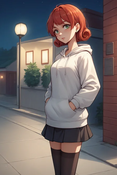 source_anime, score_9, score_8_up, 1girl <lora:NSPennyStardew:1> NSPennyStardew, green eyes, short hair, red hair, earrings, curly hair, white hoodie, skirt, black thighhighs, hands in pockets, outdoors, night