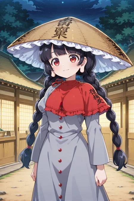 absurdres, highres, masterpiece, best quality, amazing quality, official anime artwork, screencap, anime screencap, light smile, dynamic pose,
<lora:Narumi-Yatadera_Illustrious:1> yatadera narumi, 1girl, solo, red eyes, black hair, long hair, twin braids, blunt bangs, long earlobes, small breasts,, brown hat, frilled hat, ajirogasa, red capelet, grey dress, long sleeves, clothes writing, village, night, shop,