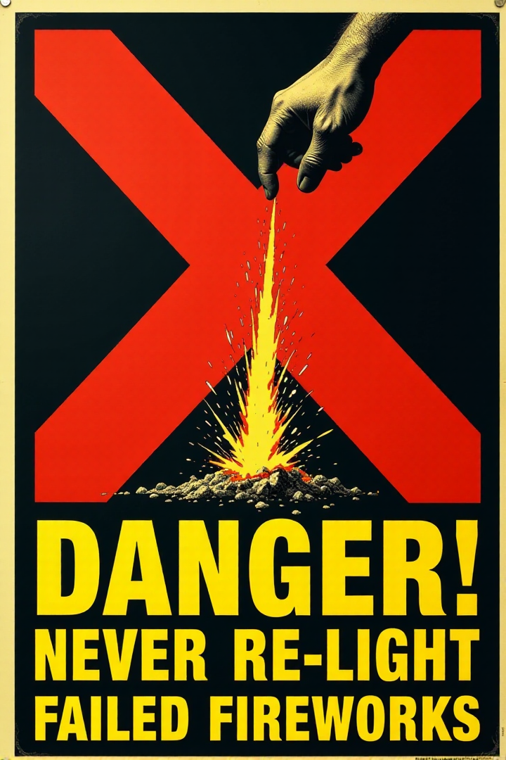 A stark, graphic vintage safety poster in shades of red, yellow, and black. It shows a hand reaching out to pick up a smoking, unexploded firework. A large, bold red "X" is superimposed over the firework. Below, in clear, blocky yellow letters: "DANGER! NEVER Re-light Failed Fireworks." Emphasize the immediate danger and the clear warning message.  <lora:REMEs_War_Poster_Style:0.95> In REME's War Poster Style,âââ