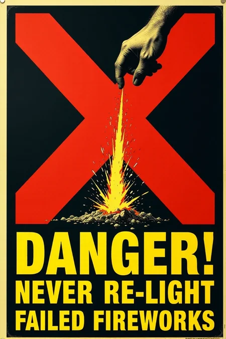 A stark, graphic vintage safety poster in shades of red, yellow, and black. It shows a hand reaching out to pick up a smoking, unexploded firework. A large, bold red "X" is superimposed over the firework. Below, in clear, blocky yellow letters: "DANGER! NEVER Re-light Failed Fireworks." Emphasize the immediate danger and the clear warning message. <lora:REMEs_War_Poster_Style:0.95> In REME's War Poster Style,âââ