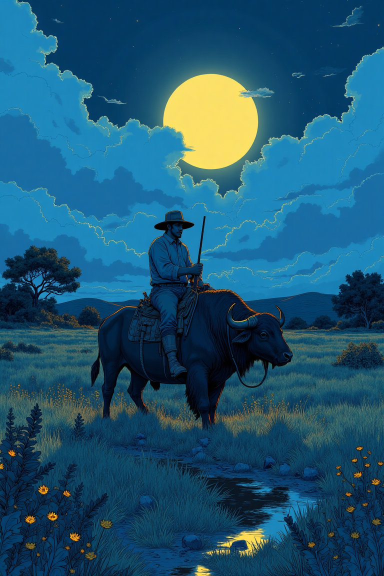 Night. a farmer riding a buffalo in the farm, blue theme, painterly, akirastyle, dreamystyle, deep shadows, bathed partially partially in yellow light rays coming from side, c0mix2