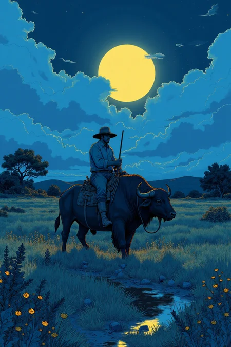 Night. a farmer riding a buffalo in the farm, blue theme, painterly, akirastyle, dreamystyle, deep shadows, bathed partially partially in yellow light rays coming from side, c0mix2