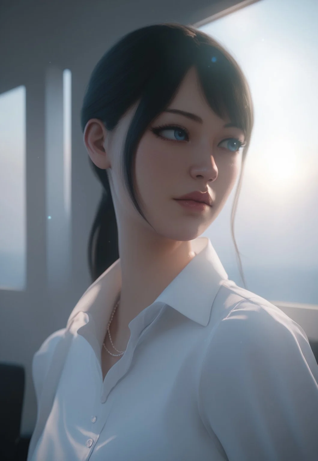 Score_9, score_8_up, score_7_up, realistic, hd, 4k, 1girl, solo, close up, blue eyes, asian, upper body, white shirt, collared shirt, looking away, office, rays