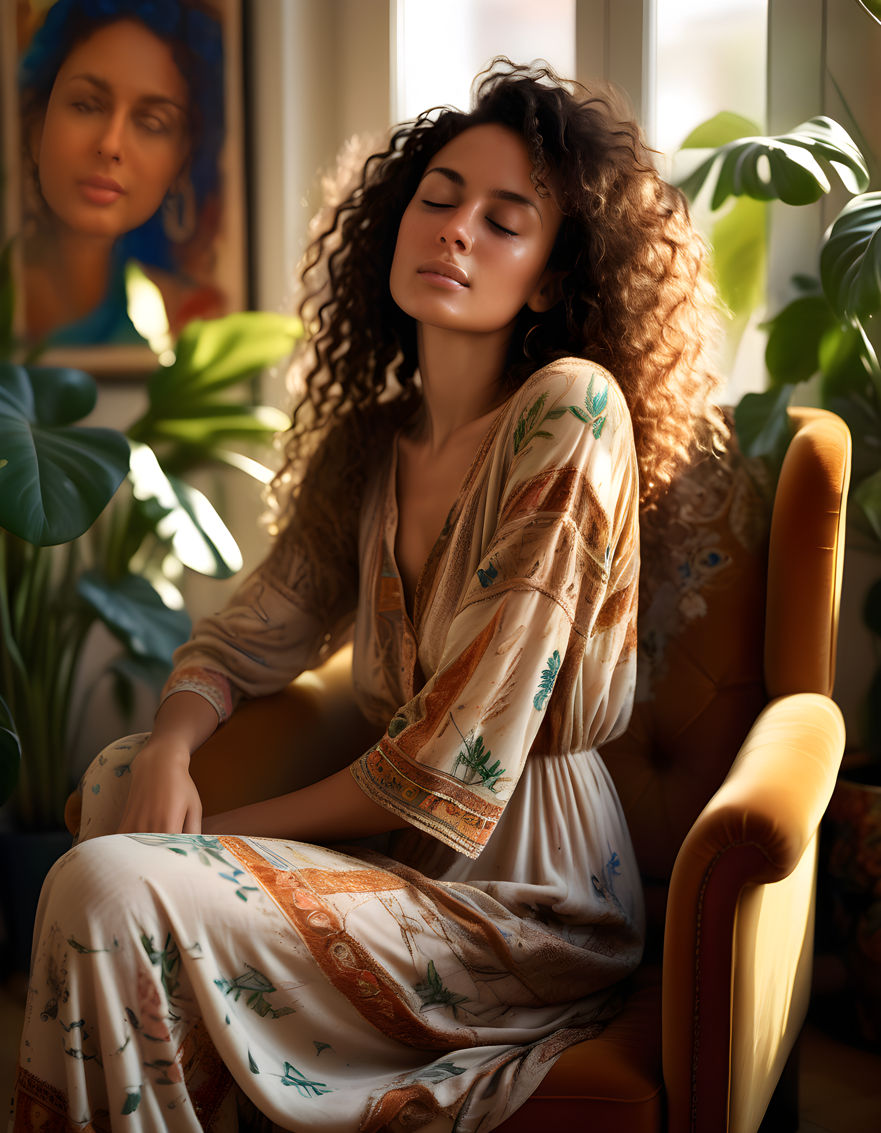 In a sunlit, bohemian studio adorned with vibrant, abstract art and lush houseplants, a radiant woman named A54TY4S, her long, messy curls cascading down her back, sits solo on an oversized, vintage velvet armchair. Her pose is serene yet thoughtful as she tilts her head slightly to the side, her closed eyes reflecting deep contemplation. The soft, warm light from a nearby window catches the golden hues in her dark skin and accentuates the delicate freckles across her nose. Despite her closed mouth, a faint smile plays at the corners, suggesting a quiet happiness. Her outfit is eclectic yet stylish - a loose, flowing maxi dress in earthy tones, adorned with intricate embroidery that mirrors the patterns of the art around her. The background blurs gently, focusing the viewer's attention on this enigmatic woman and her peaceful moment of solitude amidst the vibrant chaos of her surroundings.