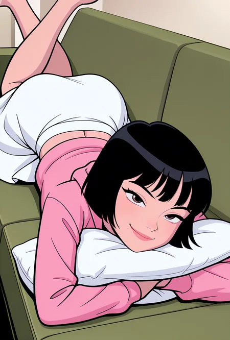 cartoon, screencap,  <lora:julieaf:1> julieaf, 1girl, short hair, black hair, lips,long sleeves, white skirt, pink hoodie, hoodie over skirt, , smile, pose, expressive face, prone, on couch, lounging, hugging pillow,, masterpiece, best quality, amazing quality, very aesthetic, absurdres, newest,