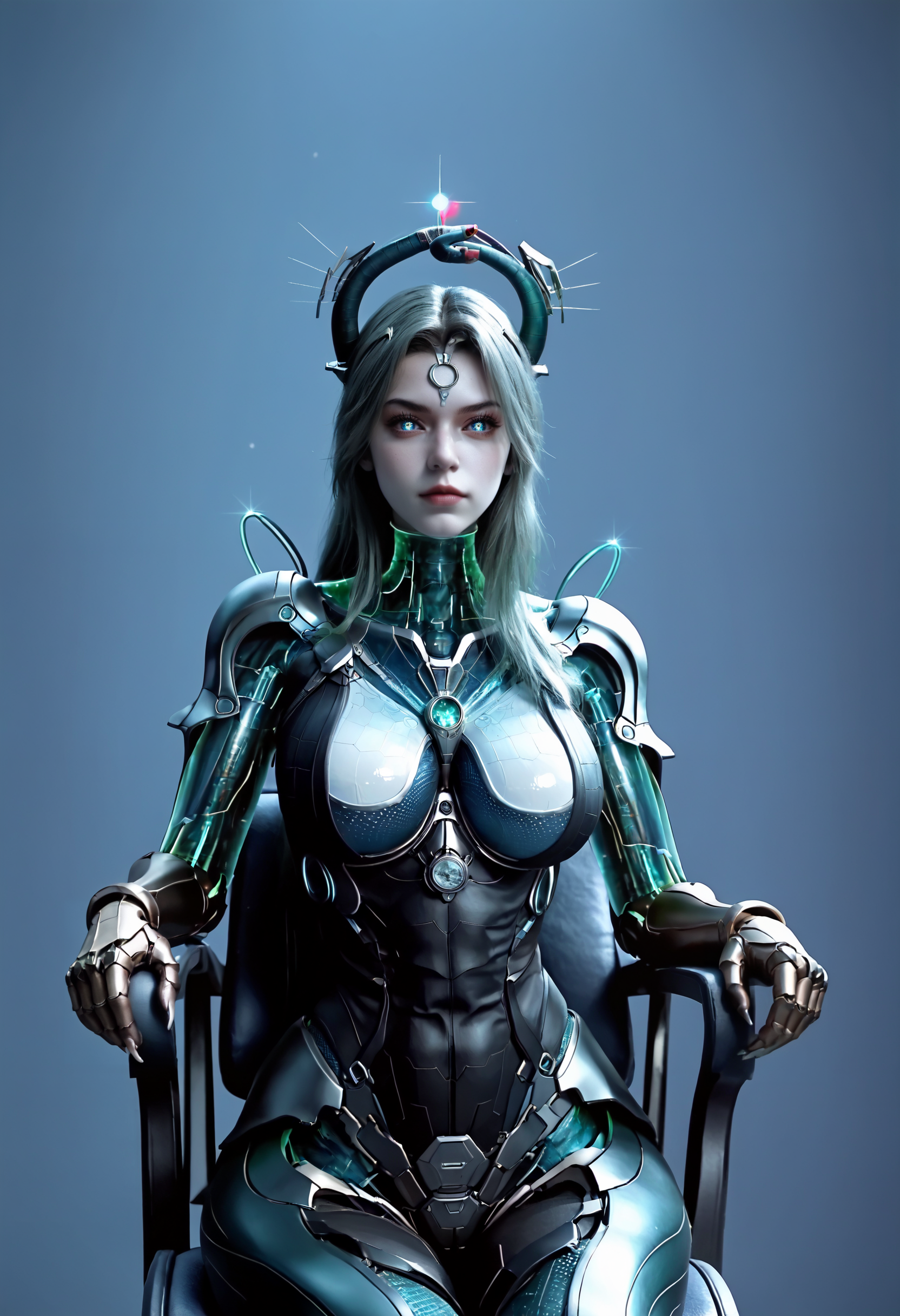 Masterpiece, best quality, amazing quality, very aesthetic, high resolution, ultra-detailed, absurdres, HDR, cinematic lighting, highres, newest, 
PoYu, snake woman, cyborg lamia, futuristic snake-themed character, biomechanical hybrid, snake tail lower body, green hair, 1girl, solo, lips, long hair, smile, makeup, cyborg, lipstick, metallic body parts, teal glowing eyes, forehead jewel, cyberpunk aesthetic, techno-organic design, snake horns, glowing teal highlights, holographic elements, cowboy_shot, sitting_on_throne