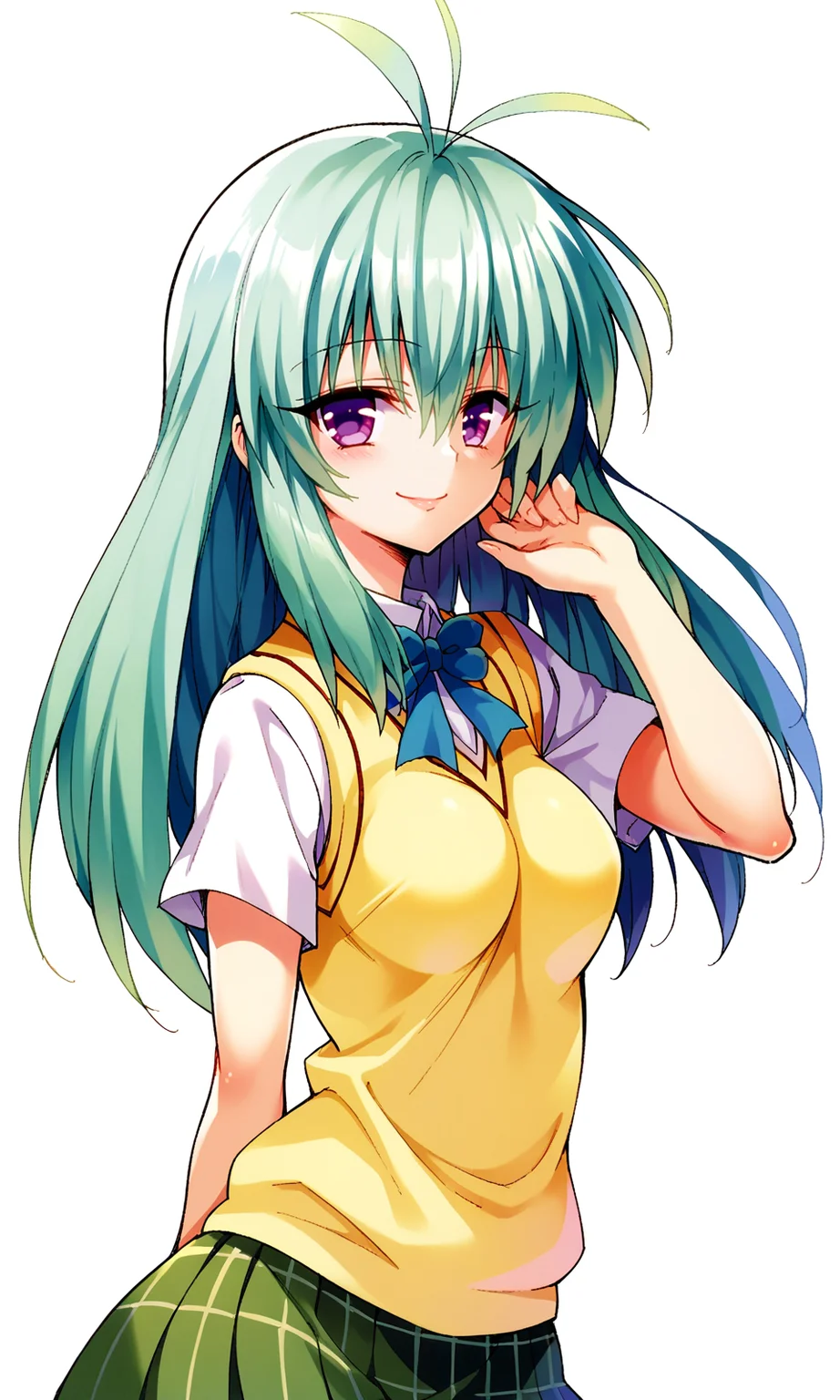 YabukiKentarou, to love-ru, score_9, score_8_up, score_7_up BREAK
run elsie jewelria, purple eyes, green hair, long hair, medium breast, school uniform, skirt, sweater vest, looking at viewer, light smile, portrait,
<lora:YabukiKentarou_Pony_V2:1>