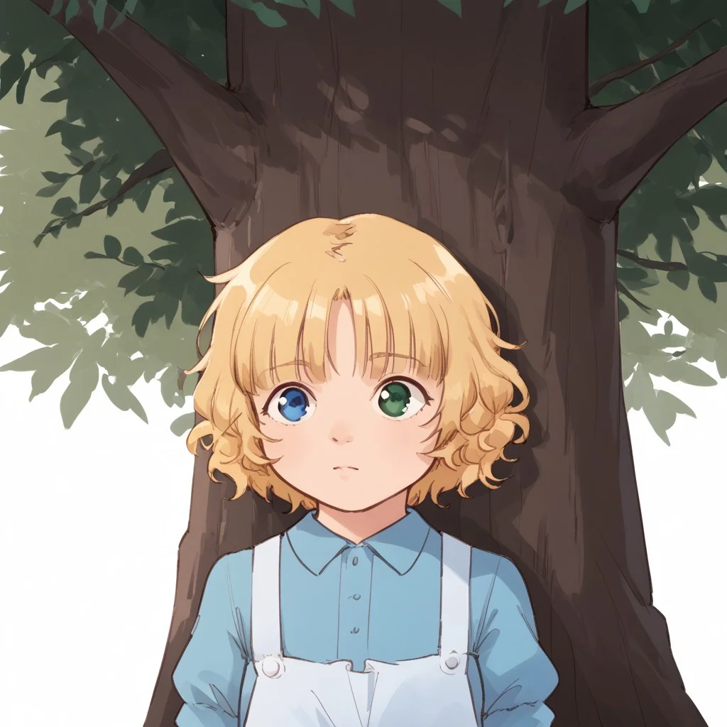 riley-davis, w0rm, blonde hair, 1girl, blue eyes, heterochromia, green eyes, short hair, dress, apron, portrait, under a tree