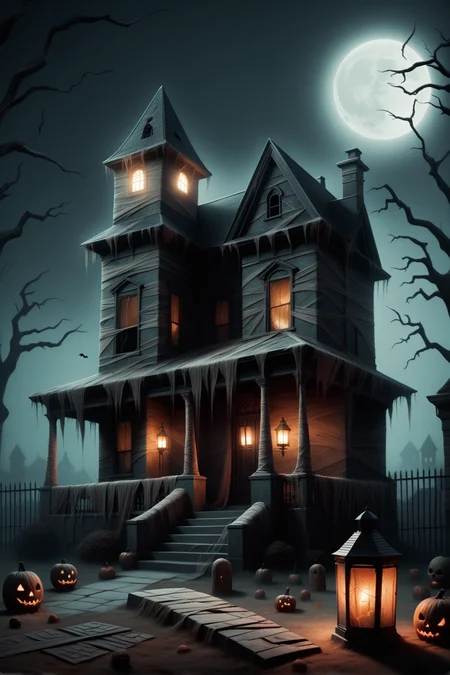 artwork, illustration, mummified spooky house creepy, horror, night, cinematic, gothic, lantern, halloween, graveyard <lora:mummified_sdxl:0.8>