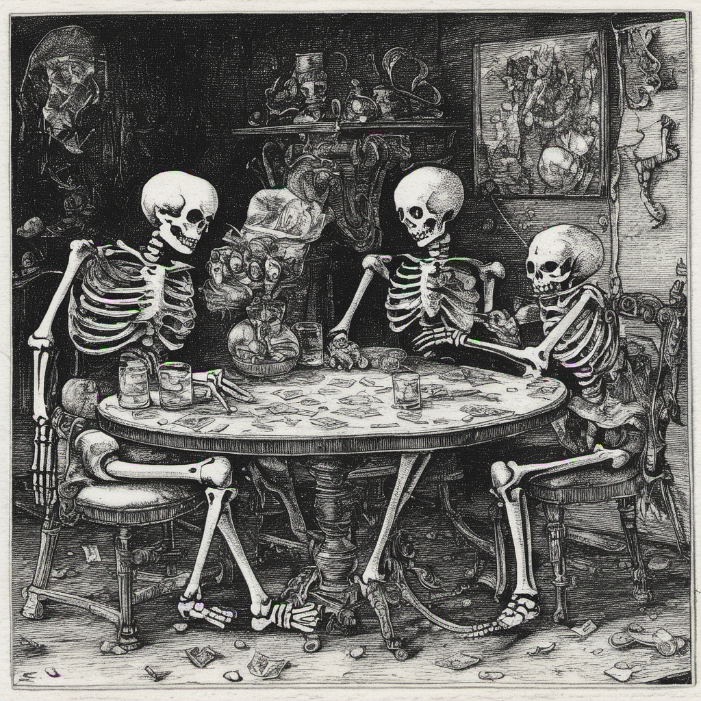 high quality, masterpiece, extremely detailed, dansemacabre  , skeleton  playing poker  <lora:dansemacabre-000007:1>