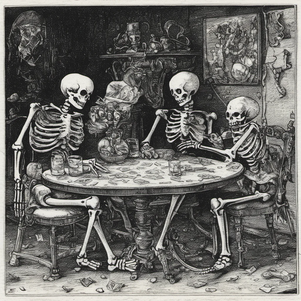 high quality, masterpiece, extremely detailed, dansemacabre  , skeleton  playing poker  <lora:dansemacabre-000007:1>