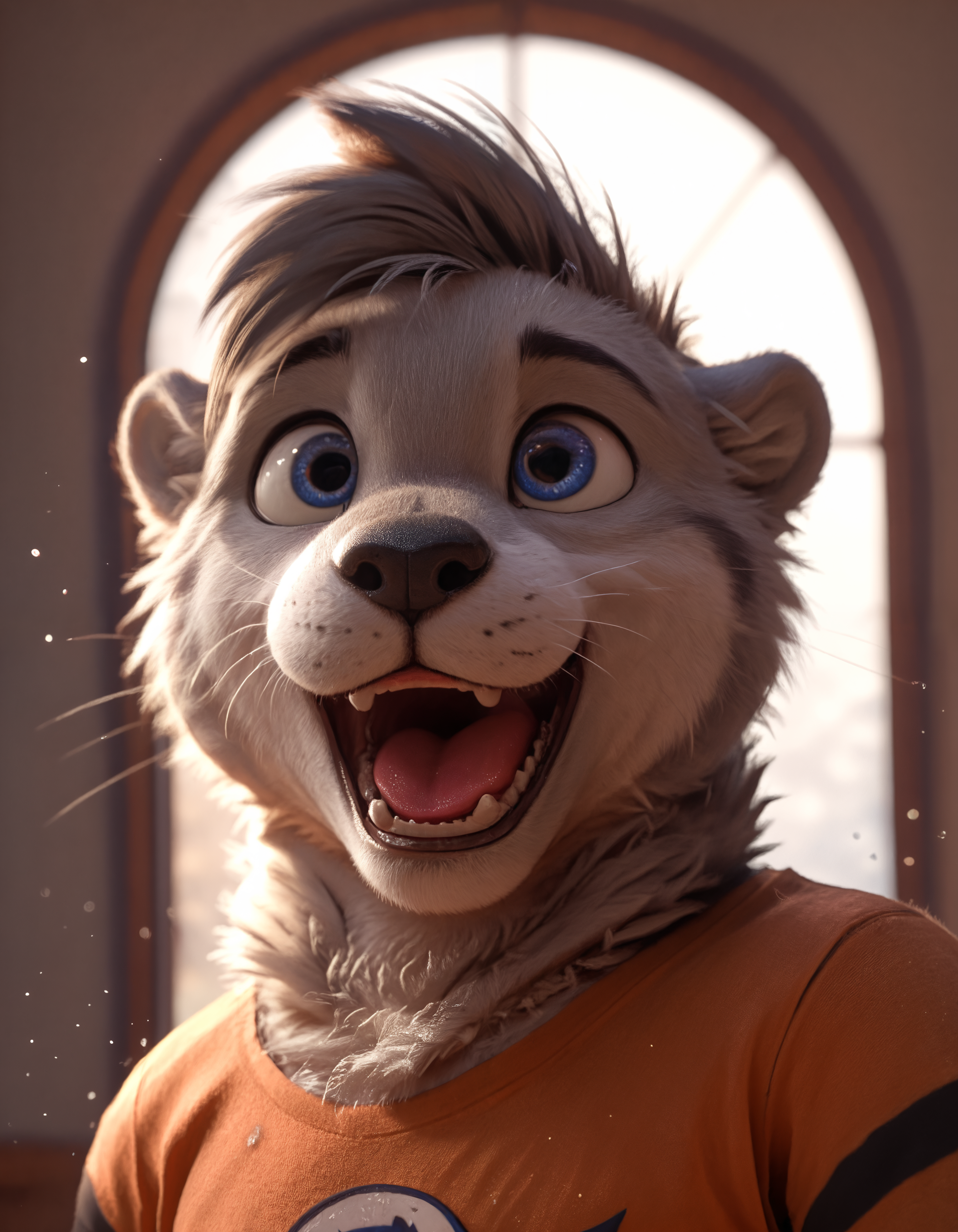 score_9, score_8_up, score_7_up, BREAK rating_safe,  detailed, cinematic lighting, hdr, particles, masterpiece, best quality, ultra realistic, 4k, 2k, film photography, RAW photo, photorealistic, analog style, subsurface scattering, photorealism, fluffy fur, detailed fur, <lora:add-detail-xl:3.0>, <lora:2.5DRealisticV2.safetensors:0.25>, <lora:sinfully_stylish_SDXL.safetensors:1.0>,  <lora:AdvancedEnhancerXLv2.safetensors:1.0>, dutch angle, (detailed background:1.1), <lora:olive_xylious-10.safetensors:1.0> olive_xylious, anthro, male, solo, male focus, 1boy, clothing, orange shirt, furry, furry male, otter, fur, tail, hi res, blue eyes, :3, bull face, close up yawning, black stripes