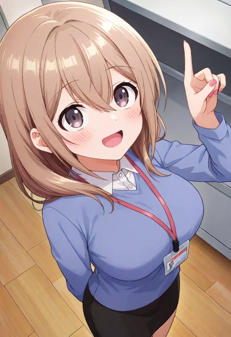 masterpiece, best quality, absurdres, very aesthetic, general,
katase shiori, 1girl, open mouth, solo, office lady, id card, looking at viewer, purple eyes, smile, lanyard, long hair, eyebrows visible through hair, white shirt, large breasts, pencil skirt, blush, hair between eyes, collared shirt, pink nails, black skirt, long sleeves, indoors, :d, brown hair, name tag, dress shirt, \m/, light brown hair, medium hair, blonde hair, fingernails, from above, hand up, formal, brown eyes, blue shirt, v, index finger raised, shiny hair, office, shiny, sidelocks, standing, skirt suit, pointing, wing collar, grey hair, buttons, arm up, wooden floor, blue sweater, grey eyes, arm behind back, looking up, blue cardigan
<lora:katase_shiori_illustXL_locon_v1:0.7>