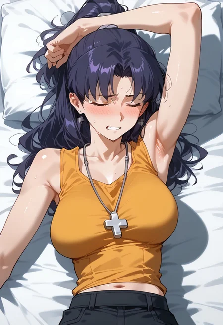 score_9, score_8_up, score_7_up,
source_anime,zPDXL3,
BREAK
1girl, katsuragi misato,purple hair,cross necklace,
shirt, sleeveless, yellow shirt, collarbone,ponytail, sidelocks,navel,
saggy breasts,
sleeping,frown,blush,embarrassed,
closed eyes,
gritted teeth,
sweating,(trembling),
BREAK
lying,on side,armpits,
bedroom,night,shadow,dark,
extremely detailed , detailed background,
upper body,
from above,