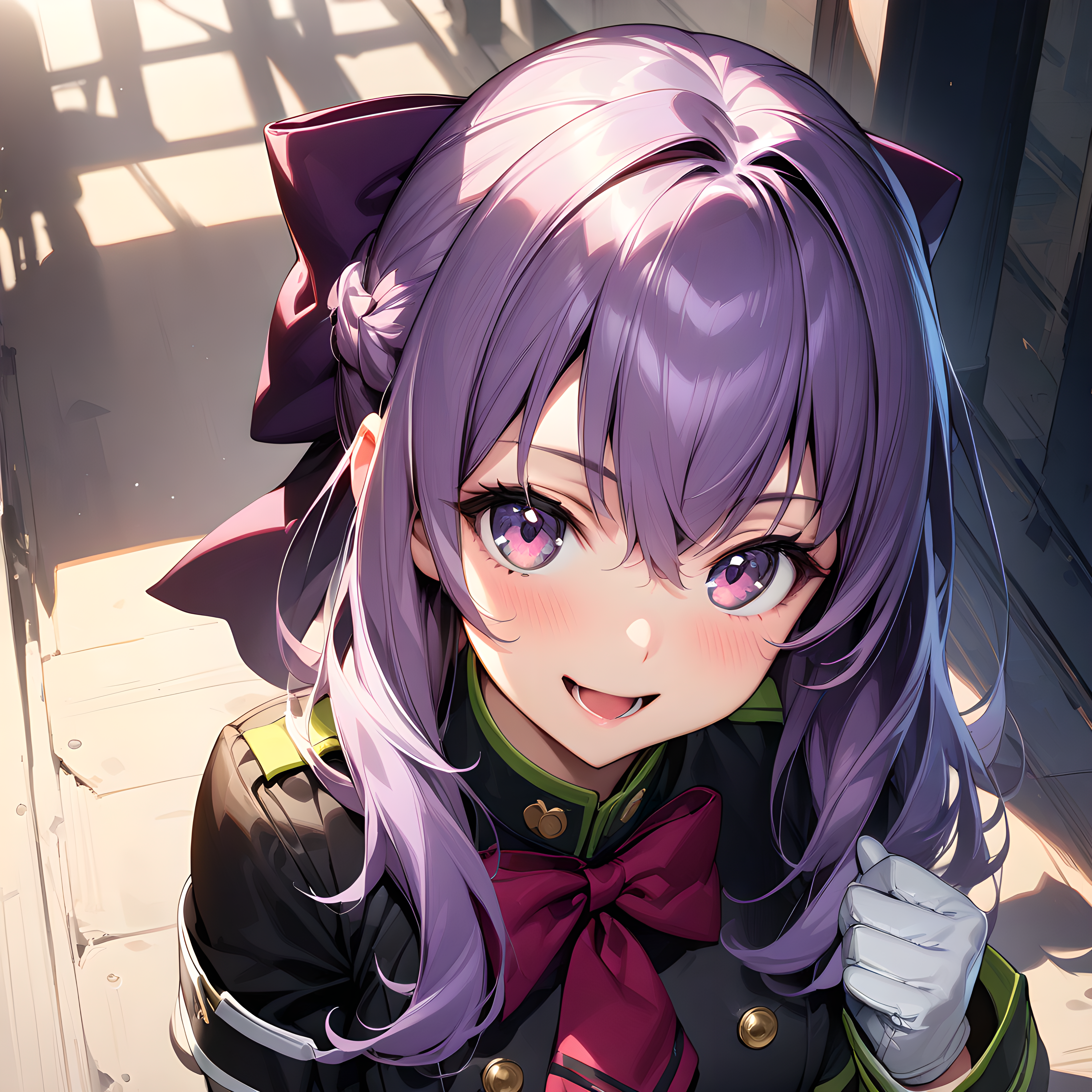 (masterpiece),(best quality),(ultra-detailed),(best illustration),(best shadow),(absurdres),(detailed background),(very aesthetic),  hiiragi_shinoa, 1girl, solo, purple hair, gloves, open mouth, bow, uniform, white gloves, smile, long hair, military uniform, military, hair bow, purple eyes, looking at viewer, smile, <lora:Shinoa:1>