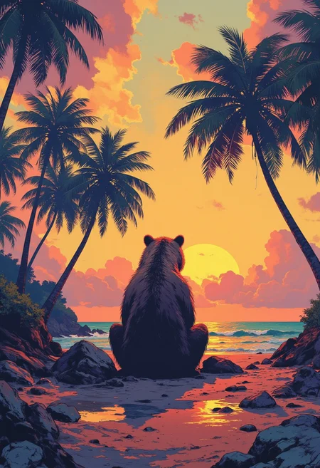 Paradise by sunrise, reflection, one Beautiful shadowed grizzly bear with long fur from behind is sitting at the beachside, shadow Palms, glowing, soft pastell colors,masterpiece, best quality, double exposure, realistic, whimsical, fantastic, splash art, intricate detailed, hyperdetailed, maximalist style, photorealistic, concept art, sharp focus, harmony, serenity, tranquility,mysterious glow, soft colors,
ambient occlusion, halation, cozy ambient lighting, dynamic lighting,a masterpiece, award winning,DB4RZ, DB4RZ style painting, NeoPigma, in the style of cksc, anime, cyberpunk