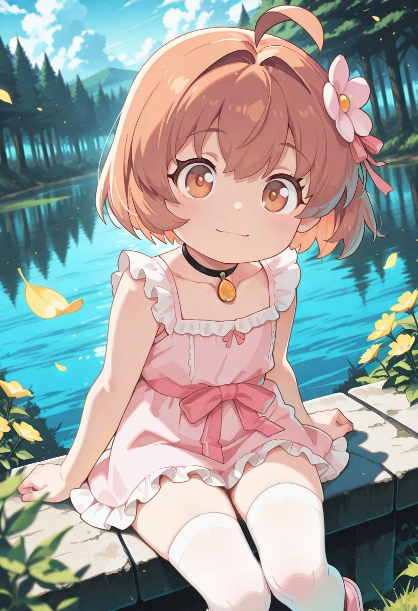 score_9, score_8_up, score_8, highly detailed, masterpiece, source_anime, cinematic light, hyper cute style, cinematic lighting, depth of field, volumetric lighting, highres, absurdres, soft pastel colors. realistic, highs details, depth of field, intricate details, (hyperdetailed), high detail, best quality, very aesthetic BREAK 1girl, solo, masterpiece, best quality, good quality, amazing quality, newest, 4k, perfect lighting, cinematic, very aesthetic, official art, anime screencap, anime coloring, light smile, sitting, lake, cowboy shot, dynamic angle, BREAK, brown hair, hair ornament, brown eyes, ahoge, short hair, pendant choker, pink dress, frills, ribbon, collarbone, white thigh highs, pink footwear, source_anime, very aesthetic, anime coloring, masterpiece, best quality, amazing quality, ultra detailed, very aesthetic, detailed background, BREAK, forest, flowers, clouds, day, floating leaves, looking at viewer.