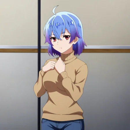 <lora:RutiBanished_pony_v1:.8> RutiBanished, 1girl, blue hair, red eyes, short hair, multicolored hair, purple hair, cowboy shot, sweater, jeans