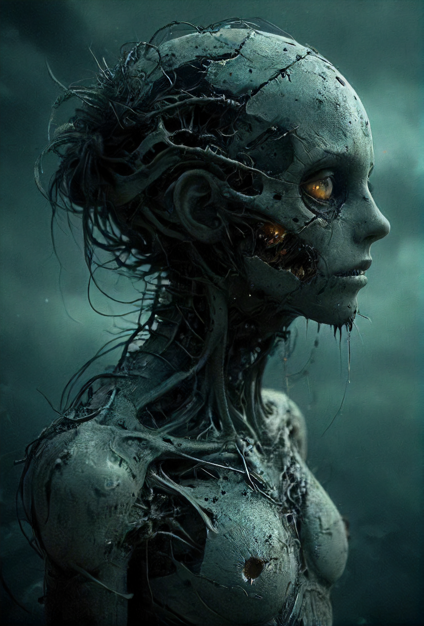 no true soul never be, cold disfigured, manufactured eyes see everything, your corroding core degenerates, build to love and overtake, built to serve to calculate, eerie, dark, desolate, <lora:Exoskeletal_Echos:0.3>, <lora:- SDXL - vanta-black_contrast_V3.0:0.5>, <lora:sss:0.8>, <lora:DonMn1ghtm4reXL:0.4>, <lora:Futuristic_Retro_Vibes:0.2>, <lora:Neon_Cyberpunk_Impressionism_SDXL:0.2>