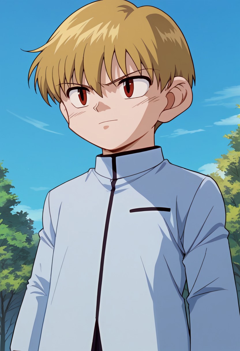 score_9, score_7_up, source_anime 
okita, 1boy, male focus, solo, red eyes, blonde hair, short hair, school uniform, jacket, grey jacket, long sleeves, upper body,
outdoor, sky, tree
