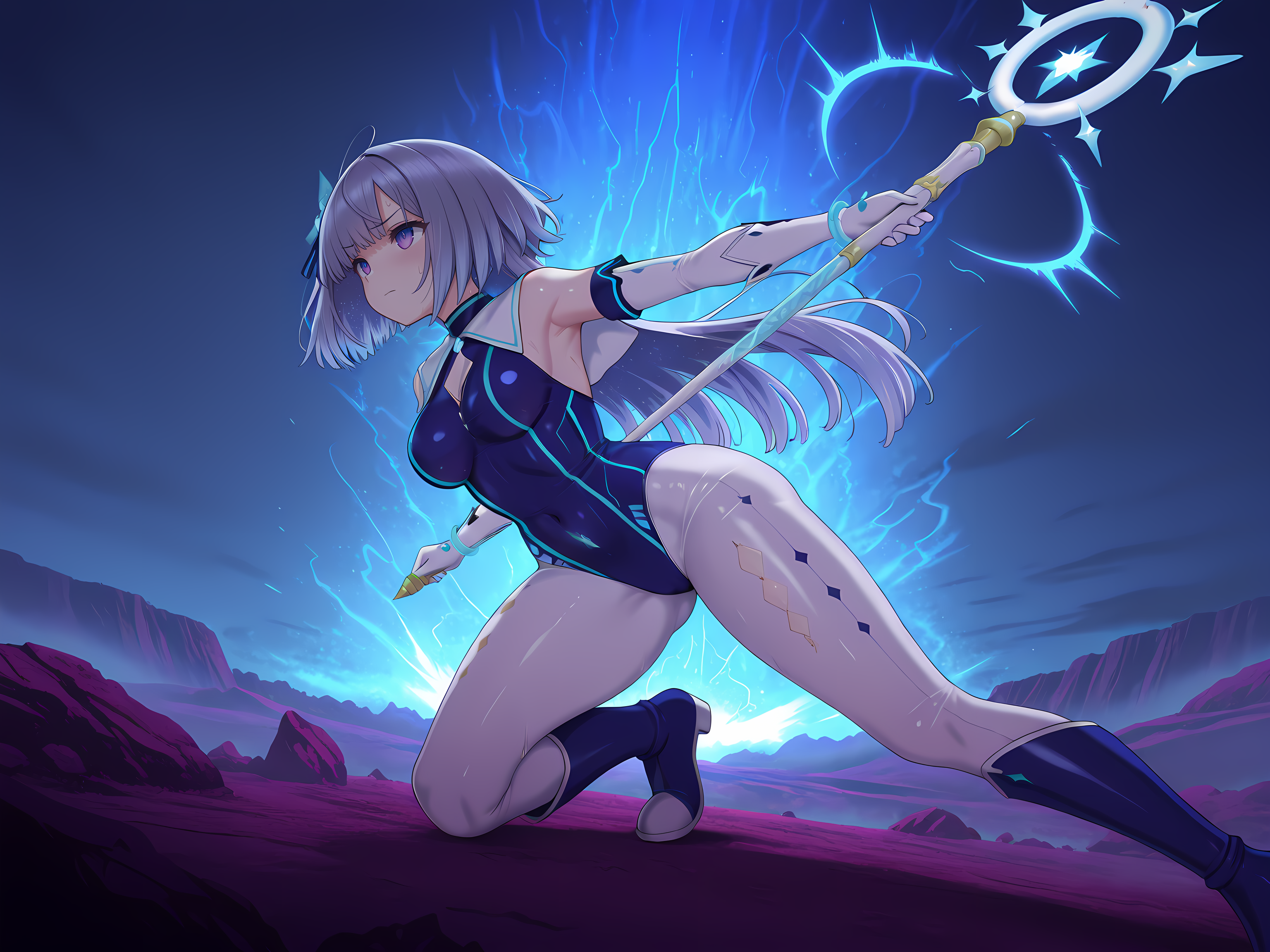 1girl,selenoxia,sps outfit,long hair,medium breasts,outdoors,<lora:Celesphonia_and_Selenoxia:0.8>,Epic battle scene featuring a (magical girl:1.1) in a dazzling outfit,(radiant energy:1.3) emanating from her (enchanted staff:1.4),confronting (dark creatures:1.2) in a (fantastical landscape:1.1). Highlight (intense action:1.3),(vibrant colors:1.2),and (dynamic poses:1.4),boots,, masterpiece,best quality,amazing quality,