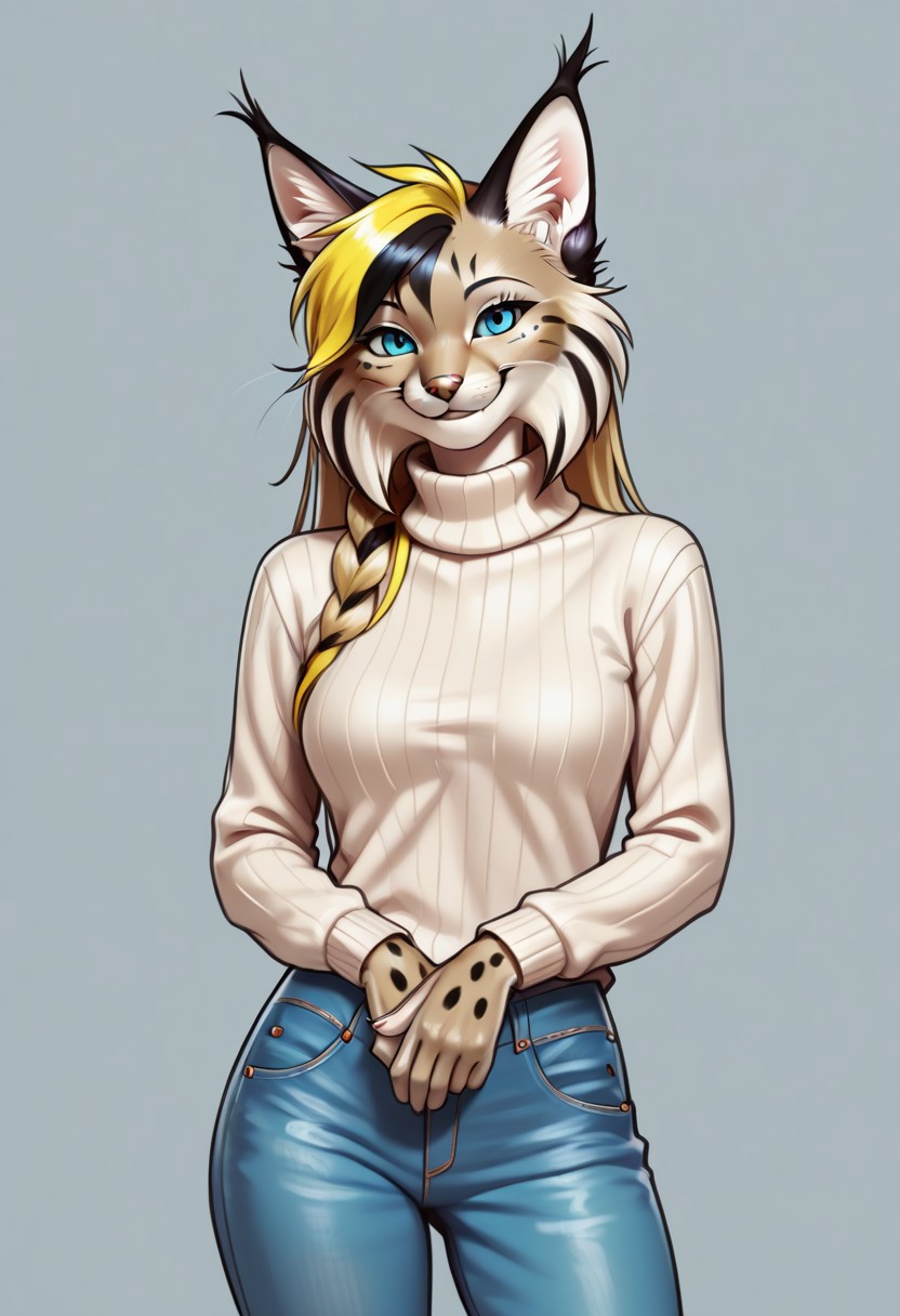 digital_media_(artwork) hi_res, score_9, score_8_up, score_7_up, score_6_up, score_5_up, score_4_up, rating_safe, beautiful, anthro, furry, feline, female, detailed textured fur, fur tufts, fluffy, slim, slender, cute, sweater, baggy denim jeans, beautiful blue eyes, detailed eyes, smile, solo, SFW, lynx, long blonde hair, multicolored hair, streaked hair, absurdres, highres, by odisia,