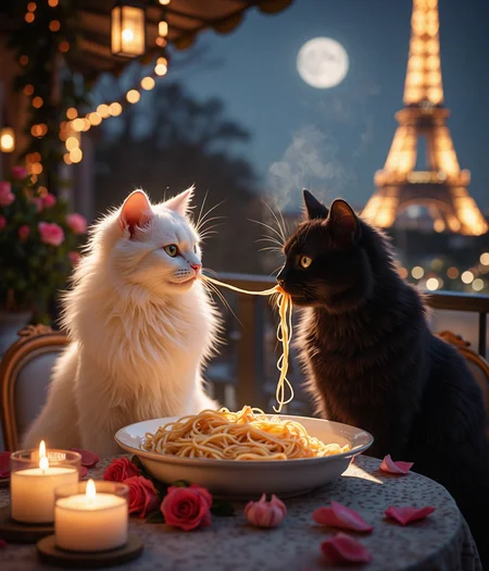 Imagine a captivating, moonlit Parisian café terrace draped in a canopy of twinkling fairy lights and softly glowing lanterns. At the heart of this enchanting scene—perfectly framed by the rule of thirds—a charming pair of cats share an intimate, cinematic moment reminiscent of a classic love story.

At an elegantly set table adorned with scattered blush and red rose petals, a graceful white cat with long, velvety fur sits side by side with a sleek, midnight-black cat whose eyes sparkle like distant stars. Before them, a steaming bowl of perfectly cooked spaghetti awaits, its aromatic allure mingling with the sweet scent of roses and freshly brewed coffee.

In a playful yet tender homage to the iconic "Lady and the Tramp" moment, a single, long strand of spaghetti extends from the bowl, reaching out between the two cats. As they lean in from opposite sides, their expressions soften with affection and delight, each preparing to share this strand in a heartwarming gesture of connection and romance.

The gentle illumination of nearby candles and the luminous glow of the moon enhance the magic of the scene, casting a warm, enchanting light over every detail. In the softly blurred background, the majestic Eiffel Tower stands as a glowing silhouette against the night sky, completing this picture of timeless elegance and love.

Every element—from the romantic table setting with delicate porcelain dishes to the tender exchange of a shared spaghetti strand—blends seamlessly into a celebration of affection, creating an unforgettable tableau of Valentine's Day magic and feline charm.

