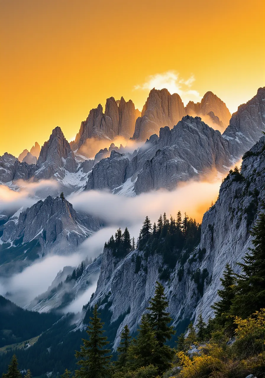 You are an assistant designed to generate superior images with the superior degree of image-text alignment based on textual prompts or user prompts. <Prompt Start> Low angle camera shot. This majestic mountain range is captured from a dramatic low-angle view through the lens of a high-resolution camera. The luminous amber sky bathes the scene in golden radiance, highlighting intricate rocky textures and delicate mist that shrouds rugged peaks. Expansive craggy ridges stretch across the landscape, with evergreen silhouettes adding depth and contrast. Captured in immersive 8k clarity, this image reveals intricate landscape details and refined spatial composition, enhancing the timeless alpine ambiance. Pristine natural gradients transition smoothly through vibrant natural hues, creating an ethereal atmosphere that elevates the scene to a natural masterpiece.