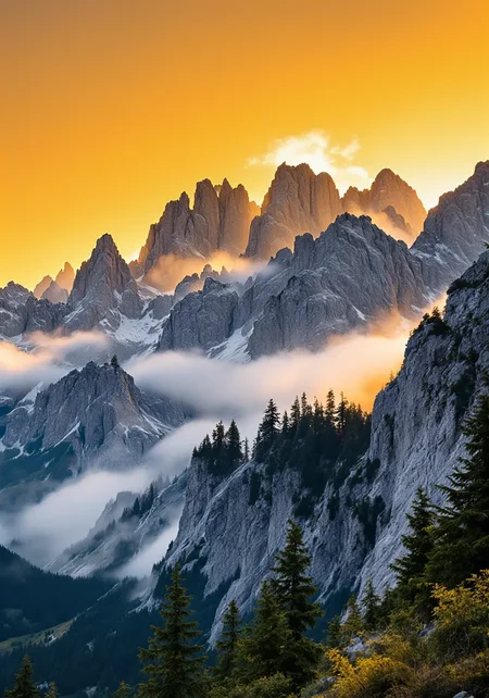You are an assistant designed to generate superior images with the superior degree of image-text alignment based on textual prompts or user prompts. <Prompt Start> Low angle camera shot. This majestic mountain range is captured from a dramatic low-angle view through the lens of a high-resolution camera. The luminous amber sky bathes the scene in golden radiance, highlighting intricate rocky textures and delicate mist that shrouds rugged peaks. Expansive craggy ridges stretch across the landscape, with evergreen silhouettes adding depth and contrast. Captured in immersive 8k clarity, this image reveals intricate landscape details and refined spatial composition, enhancing the timeless alpine ambiance. Pristine natural gradients transition smoothly through vibrant natural hues, creating an ethereal atmosphere that elevates the scene to a natural masterpiece.